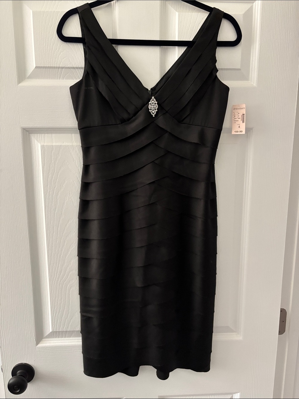 dressbarn Black Midi Bandage Dress with Rhinestone Brooch